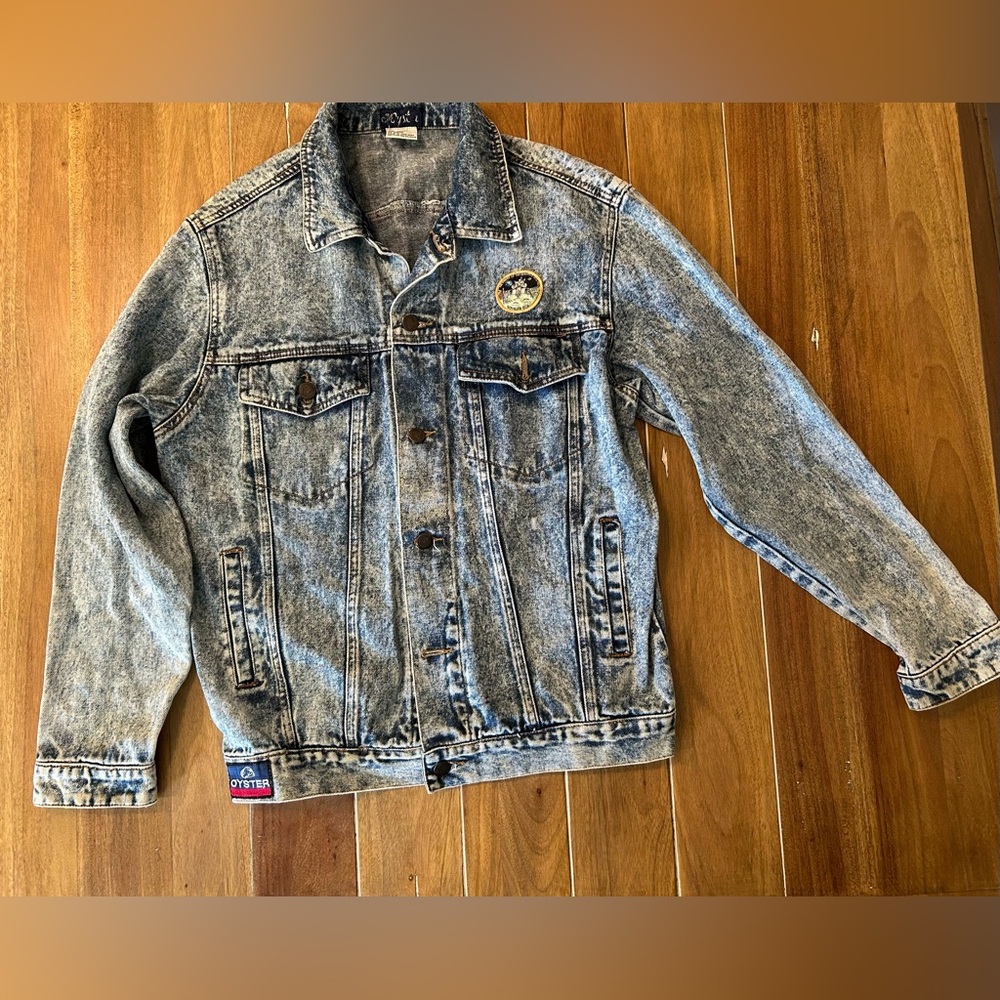 Oyster Vintage Acid‎ Wash Denim Trucker Jacket Mens Small Blue Voyager Patch 80s